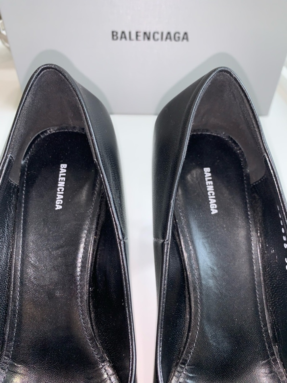 Authentic $1050 BALENCIAGA Black Square Knife BB leather pumps, Size 38. - Picture 12 of 15